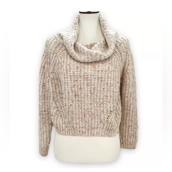 Moon & Madison Beige Speckled Confetti Cowl Neck Cropped Sweater Women's Small - Picture 2 of 11